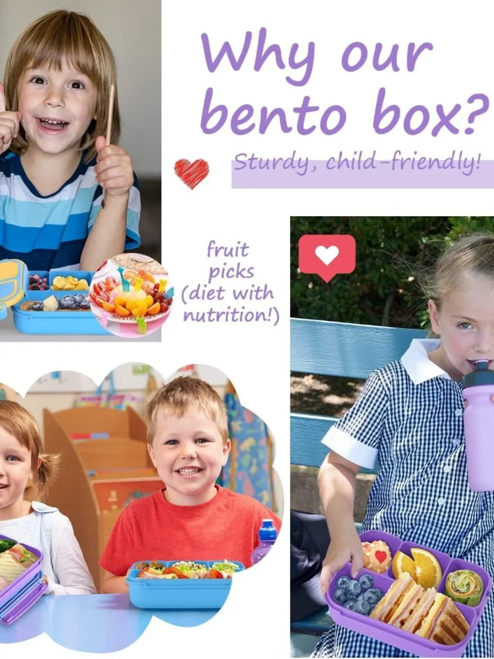 Bento Lunch Box Kids 4 Compartment Leakproof Lunch Container Purple 1200ml